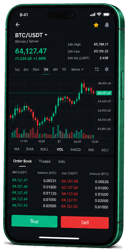 Interface mobile de trading Swaptaire — cours BTC/USDT en direct, carnet d’ordres et outils de surveillance des opérations